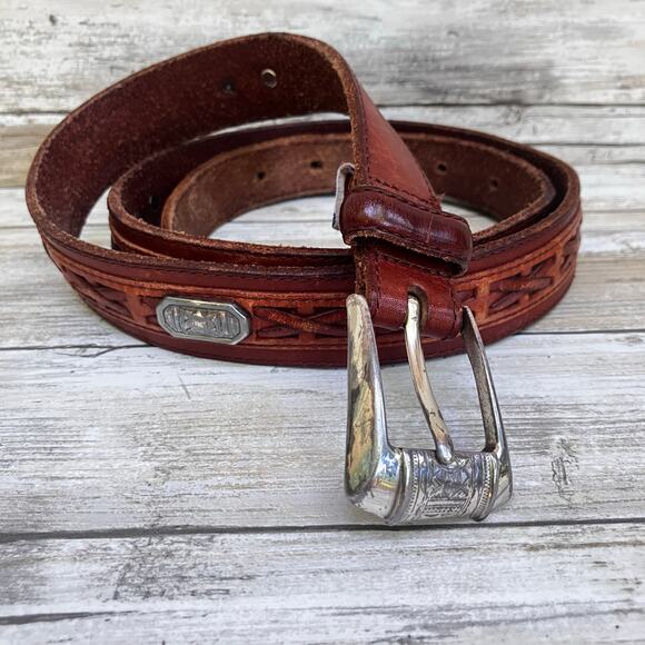 Fossil Accessories - Fossil Western Leather Belt Sz 38 Brown Metal Woven Concho Silver Tone Cowgirl